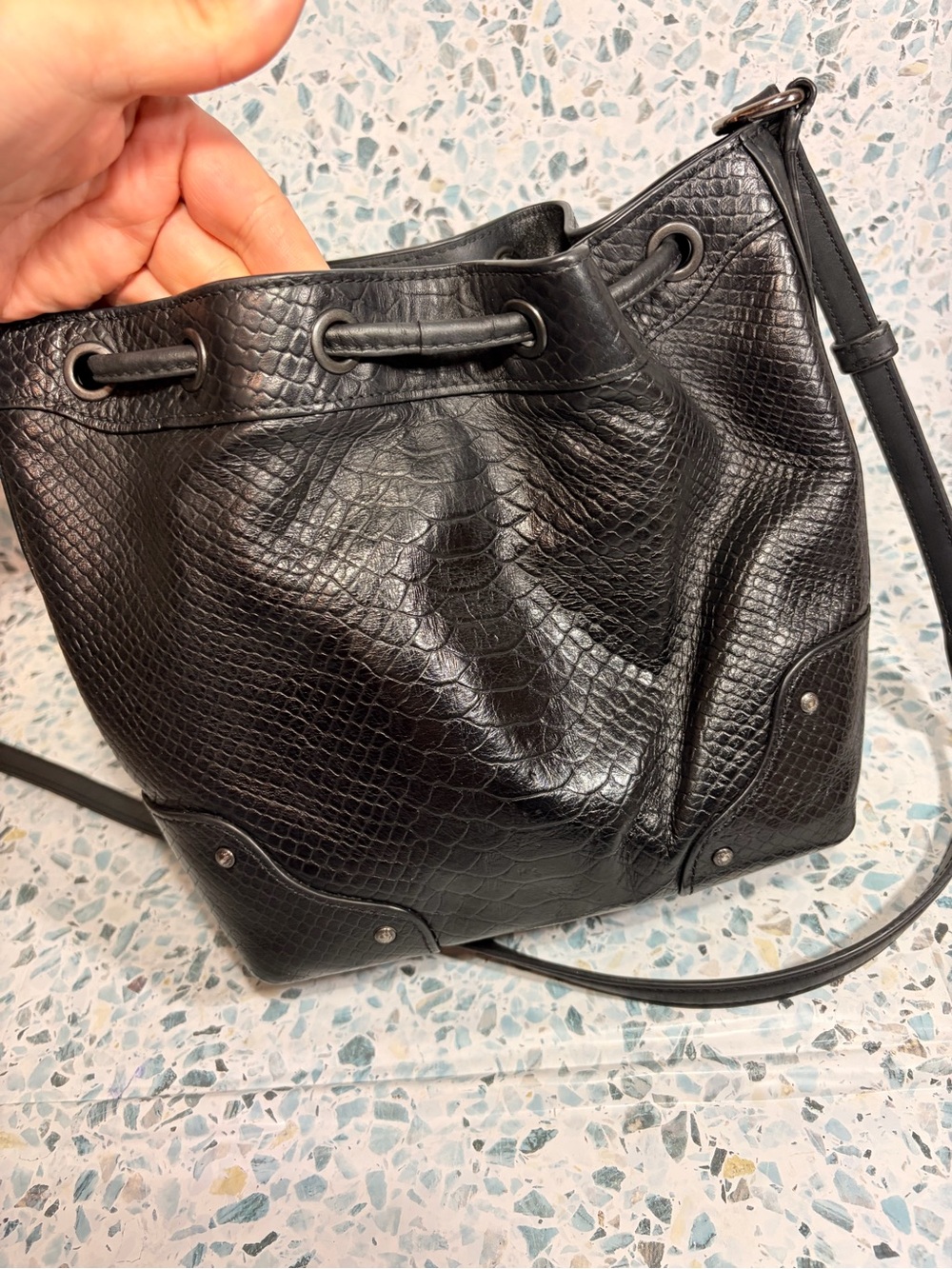 Coach Mickie Black Snakeskin Embossed Leather Drawstring Shoulder Bag F35928 - Picture 6 of 9